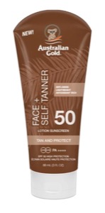 Crème solaire visage SPF50 avec autobronzant (Australian Gold)